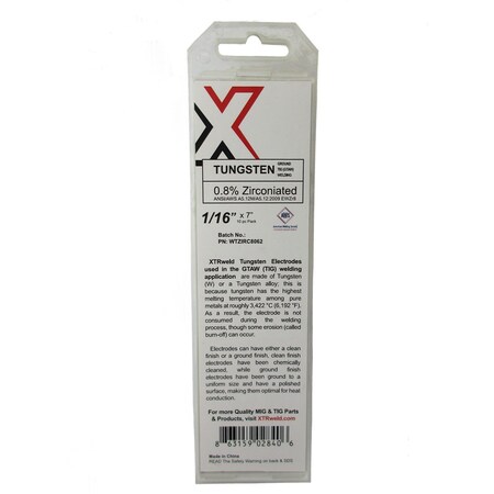 Xtrweld 0.8% Zirconiated Tungsten Electrode, 1/8, White, 10 Piece WTZIRC8125